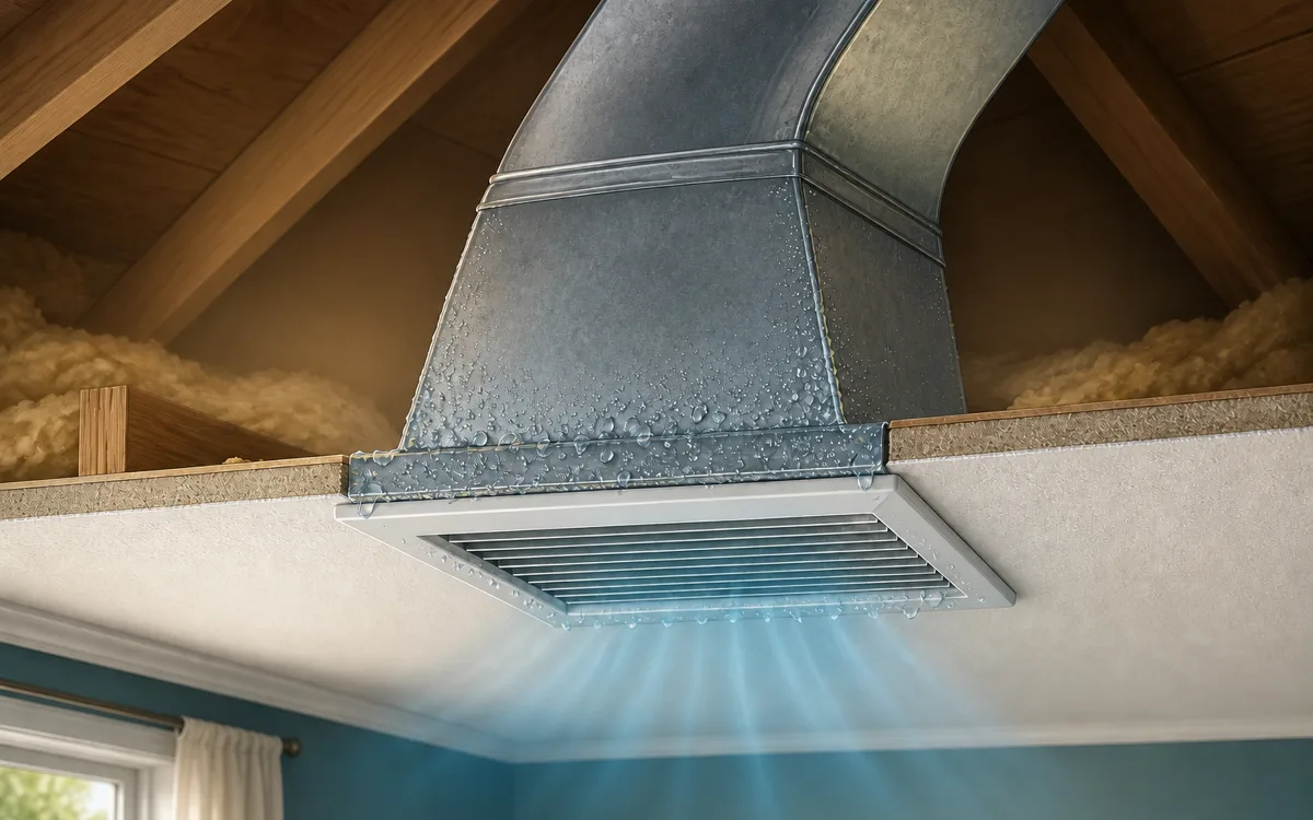 Editorial cutaway of condensation forming on a cold ceiling supply register and metal duct boot