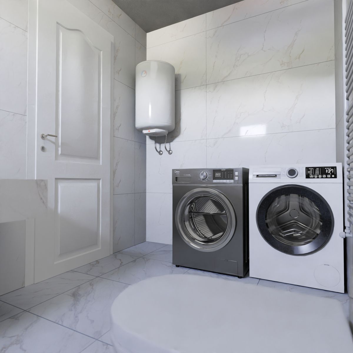 Modern laundry room with a washer, dryer, utility sink, and water heater